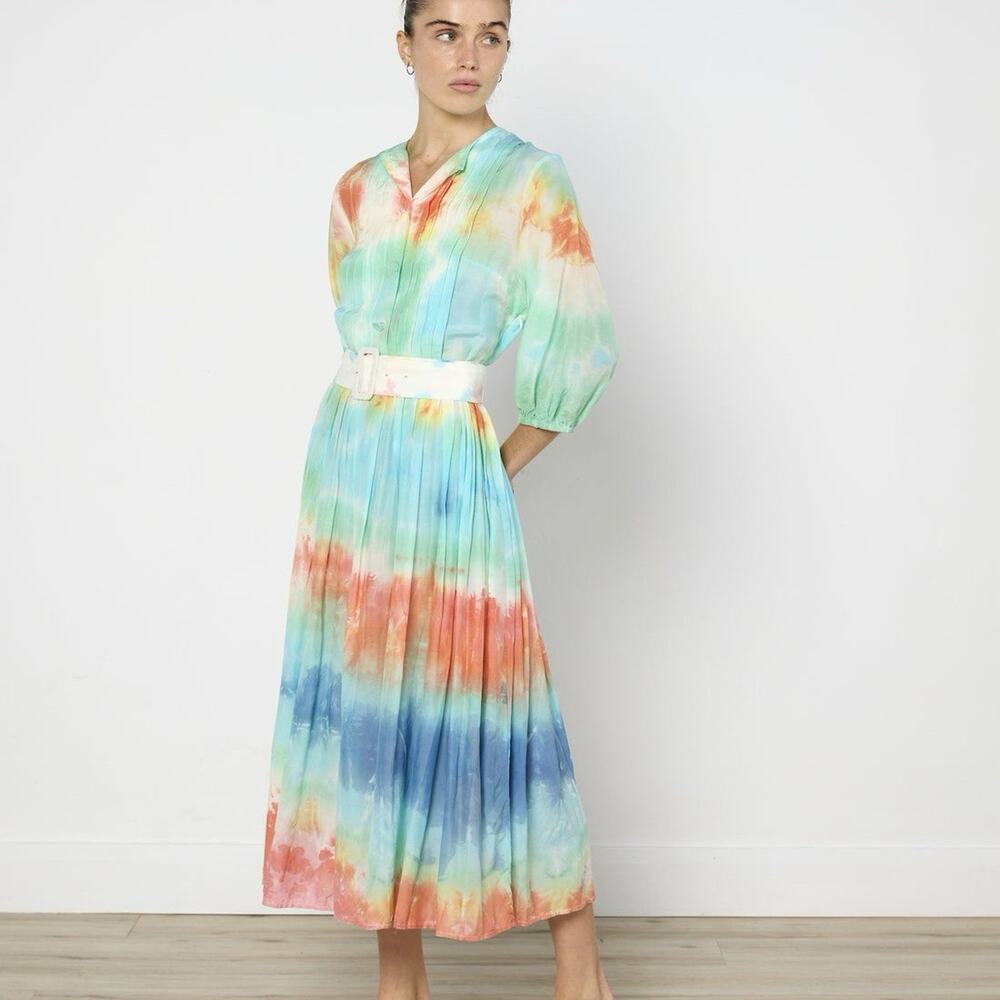 Luuda Tie Dye Cotton Silk Blend Belted Midi Dress Size L
